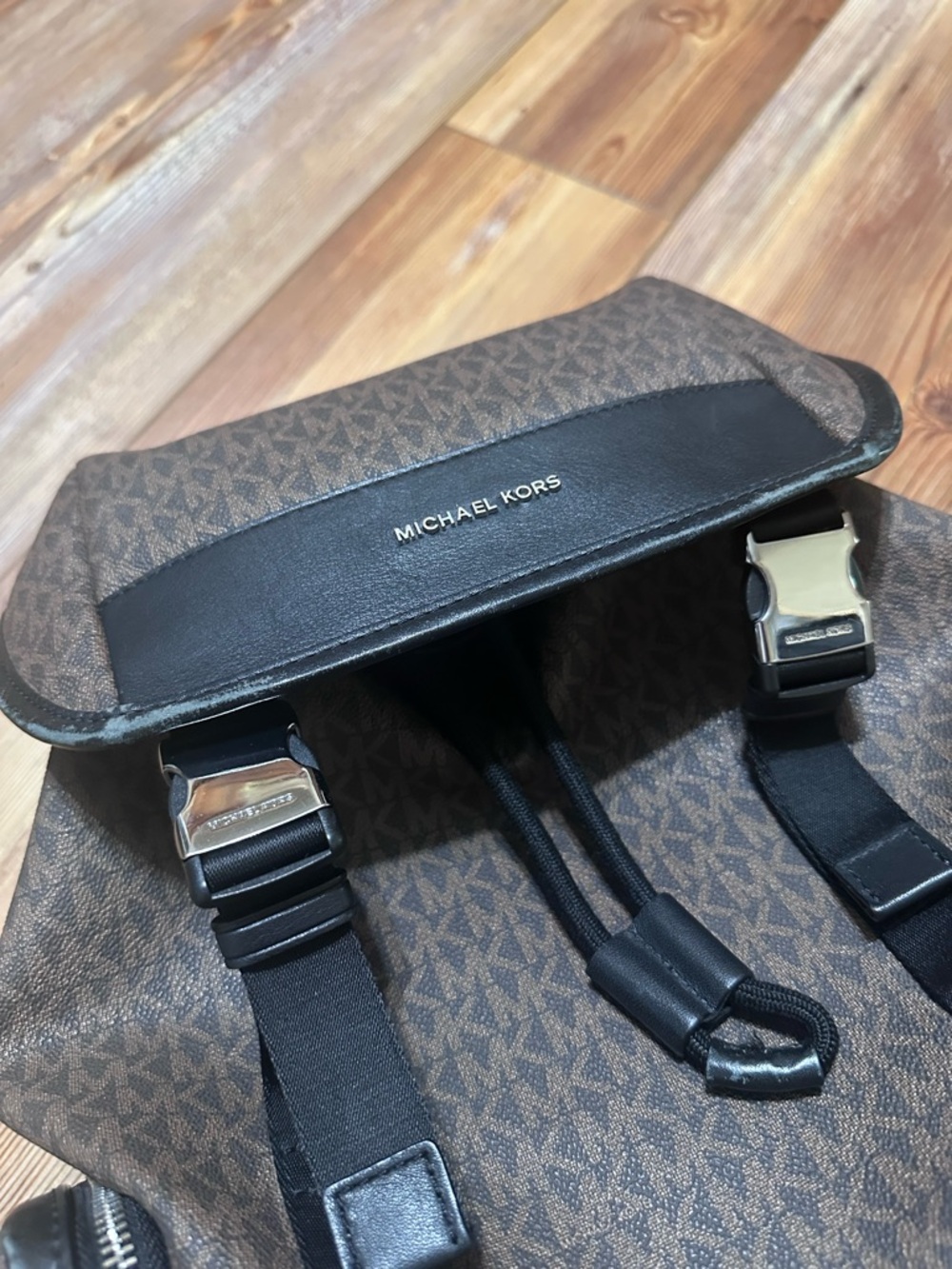 Michael Kors Brown Logo Monogram Backpack with Black Trim - Picture 2 of 4